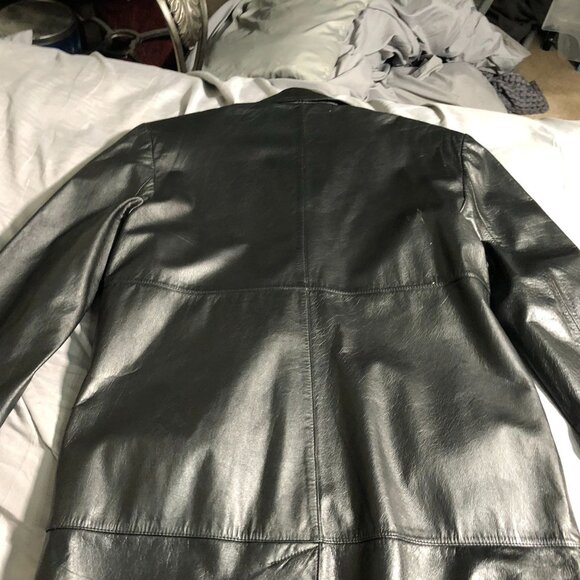 Vintage Charles Klein Womens Leather Trench Cota Small Black Button Front Biker - Picture 16 of 16